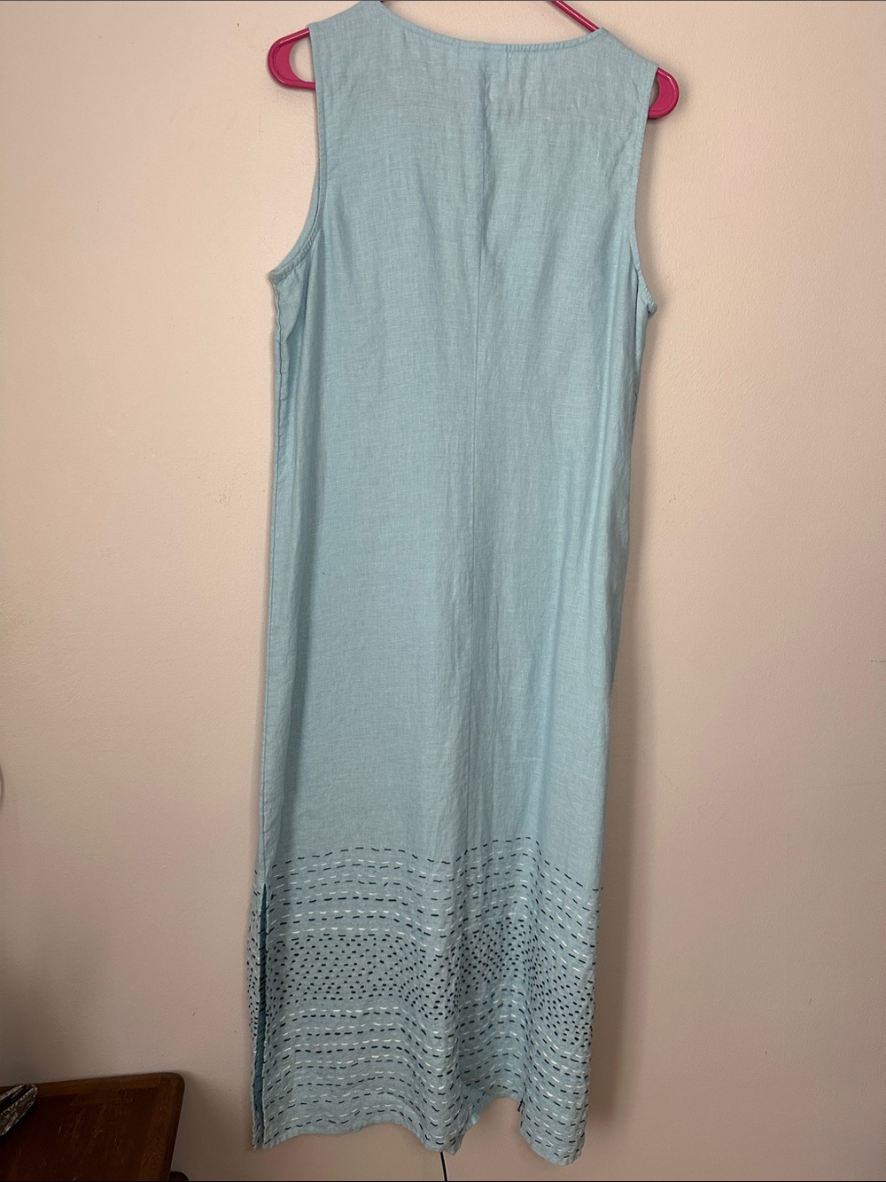 J Jill Pure Linen Blue Embroidered Maxi Dress Size Medium Sleeveless Split Neck - Picture 8 of 10